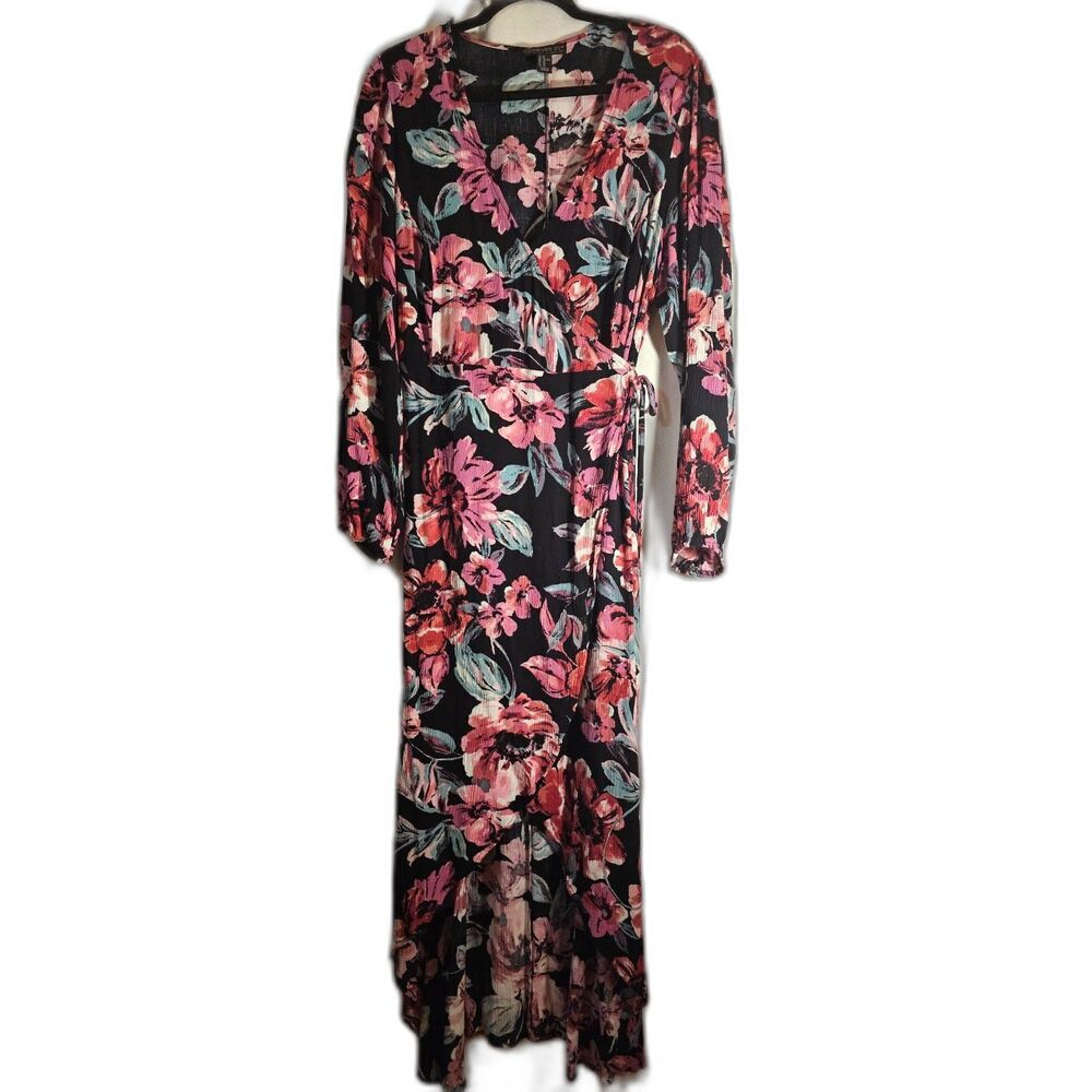 Forever 21+ Floral Wrap Dress 2X Fits L/XL Black Pink Long Sleeve Midi